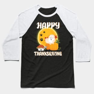 Pomeranian Seeing Turkey Dish Happy Halloween Thanksgiving Merry Christmas Day Baseball T-Shirt